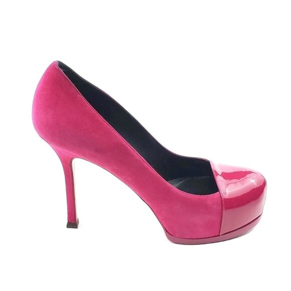 Yves Saint Laurent Tribtoo Platform Pumps Pink Suede Patent Cap Toe 36.5 US 6.5 - Picture 11 of 12